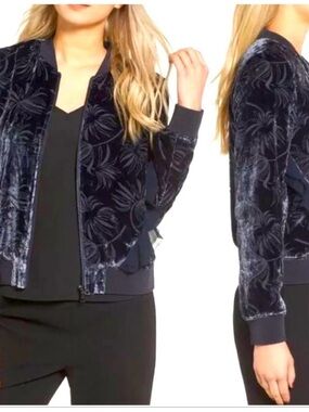 Olivia Palermo x Chelsea28 Navy Velvet Bomber Jacket. Size XS